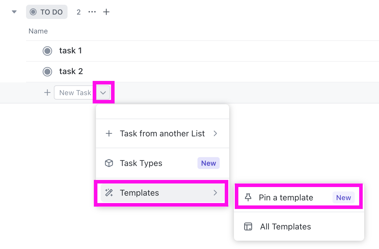 Pin Task templates in List view ClickUp Help
