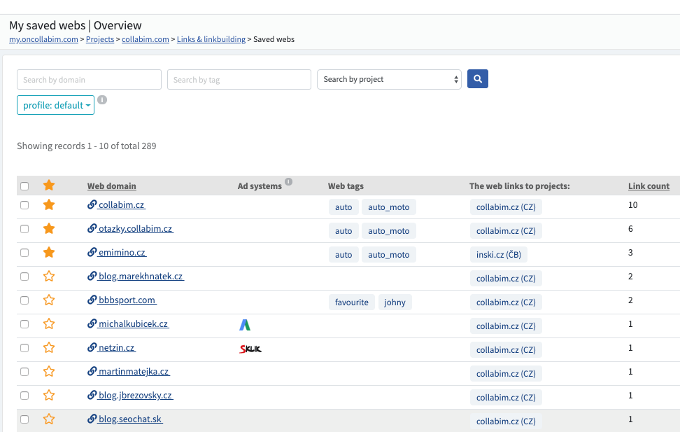 My saved webs Nápověda Collabimu