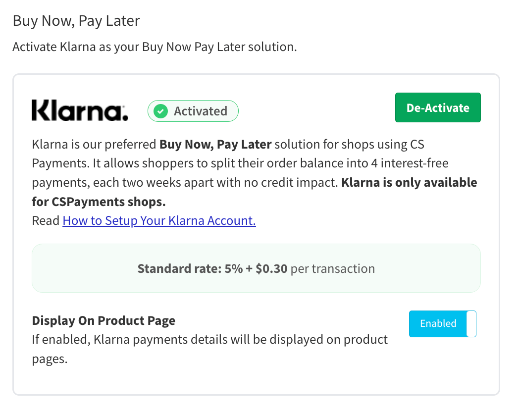 Activate Klarna for "Buy Now, Pay Later" Customer Payments CommentSold