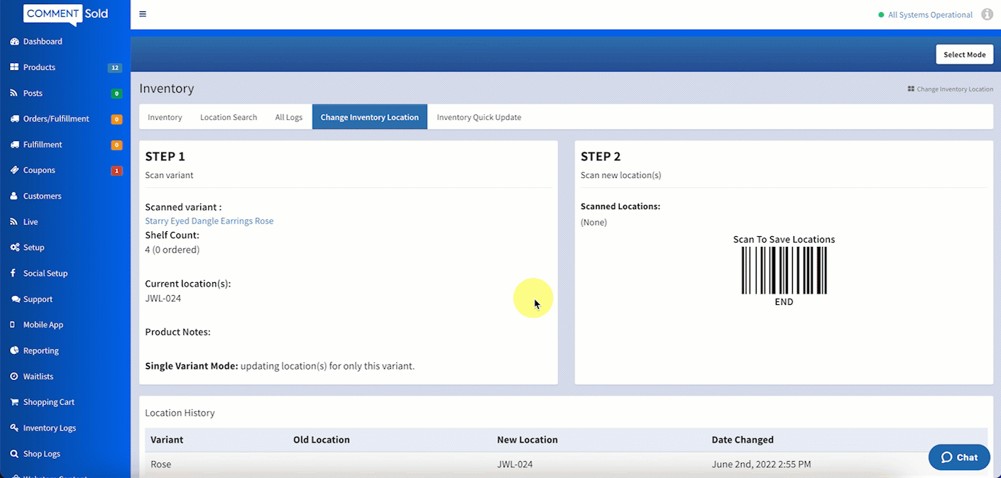 Change Inventory Locations Using Location Barcodes CommentSold