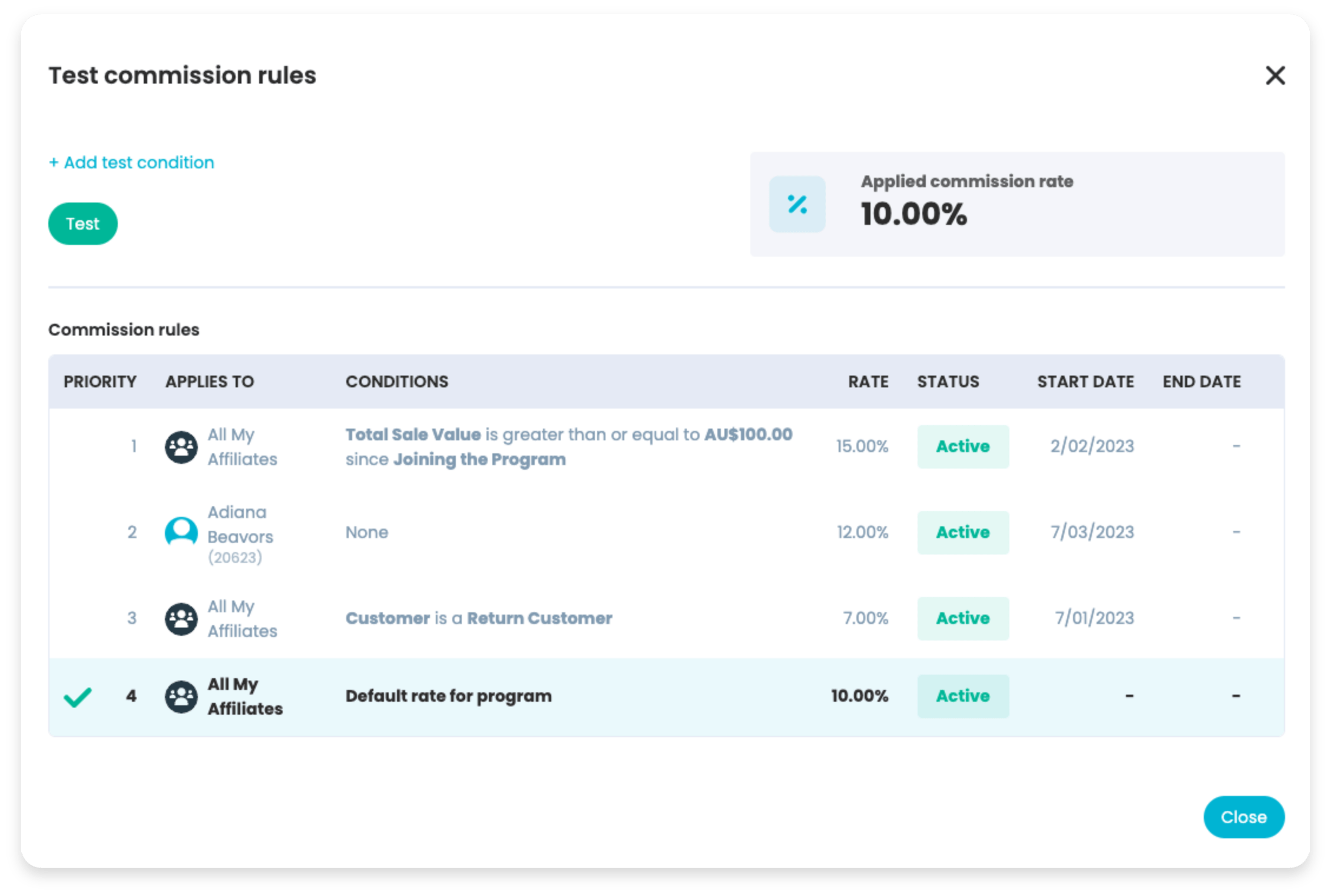 Managing commission rates