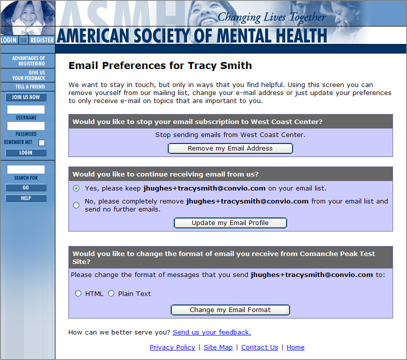 Sample of a Center Email OptOut Page Luminate Online Help