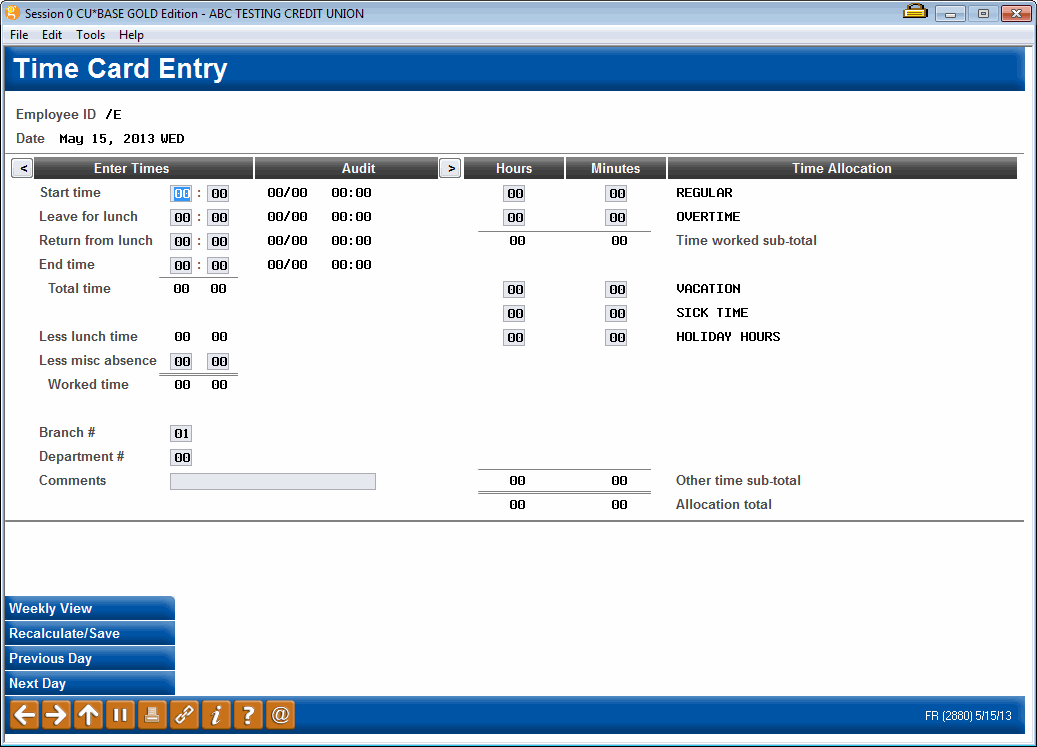 Entering Employee Time Card Data