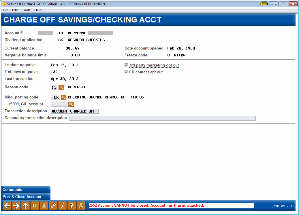 Charge Off Savings/Checking Acct