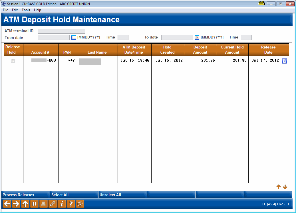 ATM Deposit Hold Maintenance