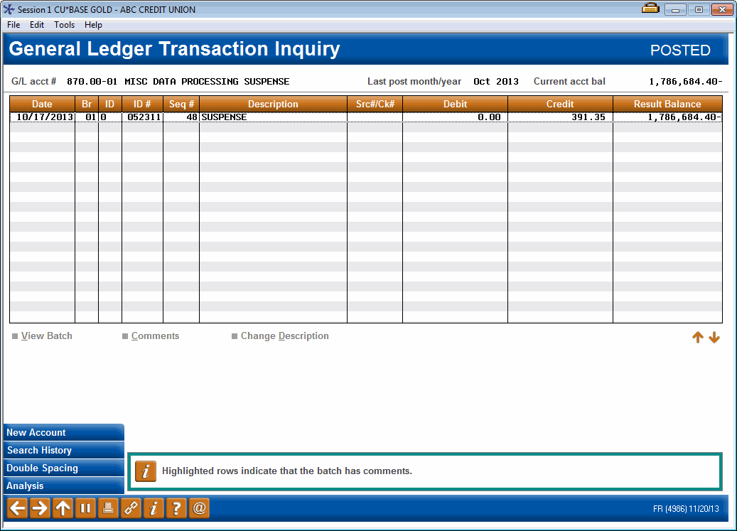General Ledger Transaction History (Branch/Max Screen)