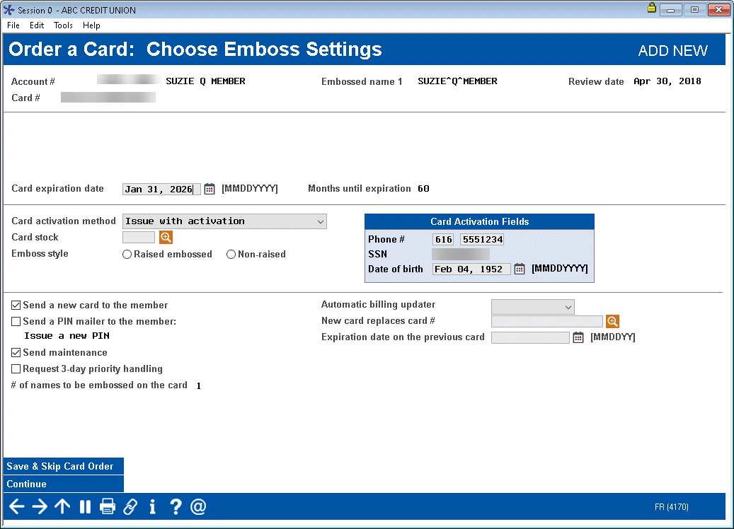 Credit Card Order Choose Emboss Settings