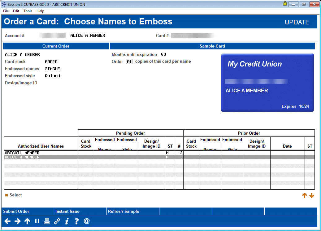 Credit Card Order Emboss Name (Single PAN Users)