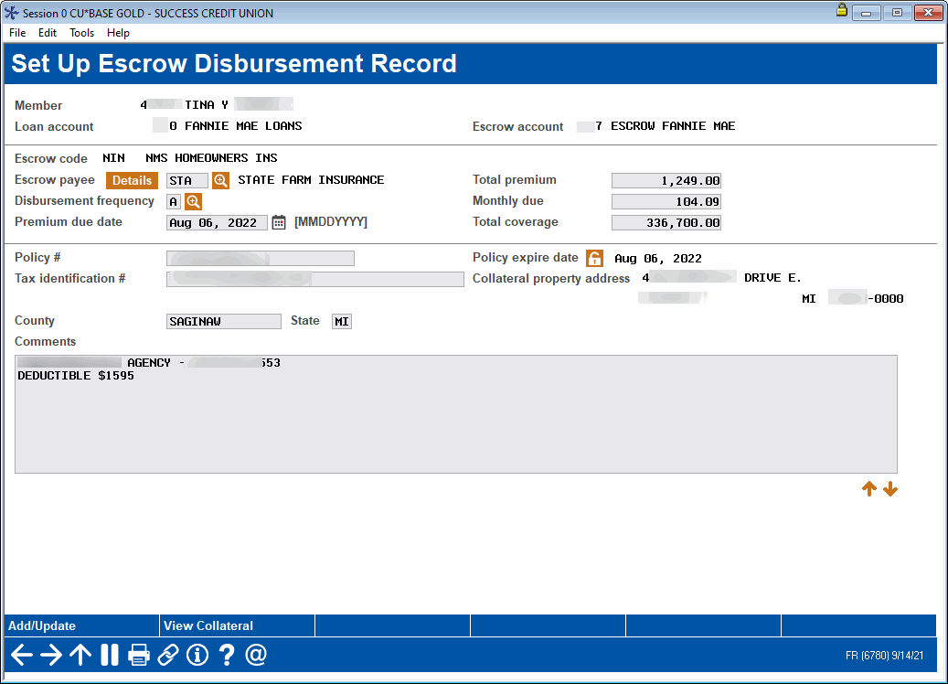 Set Up Escrow Disbursement Record