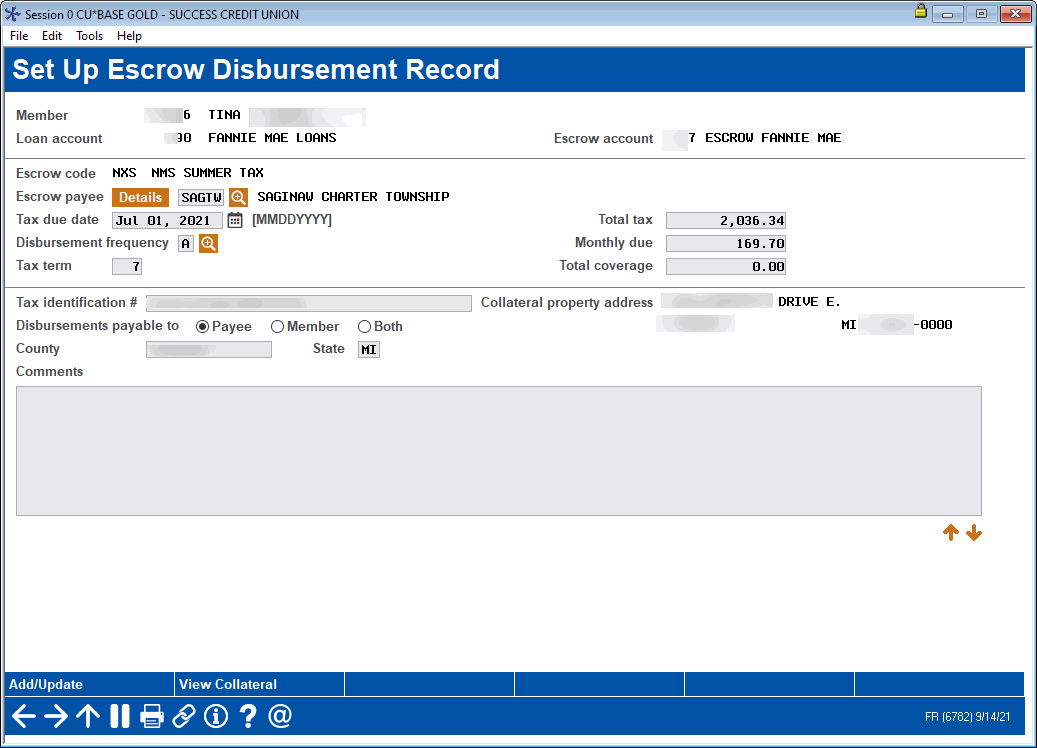 Set Up Escrow Disbursement Record