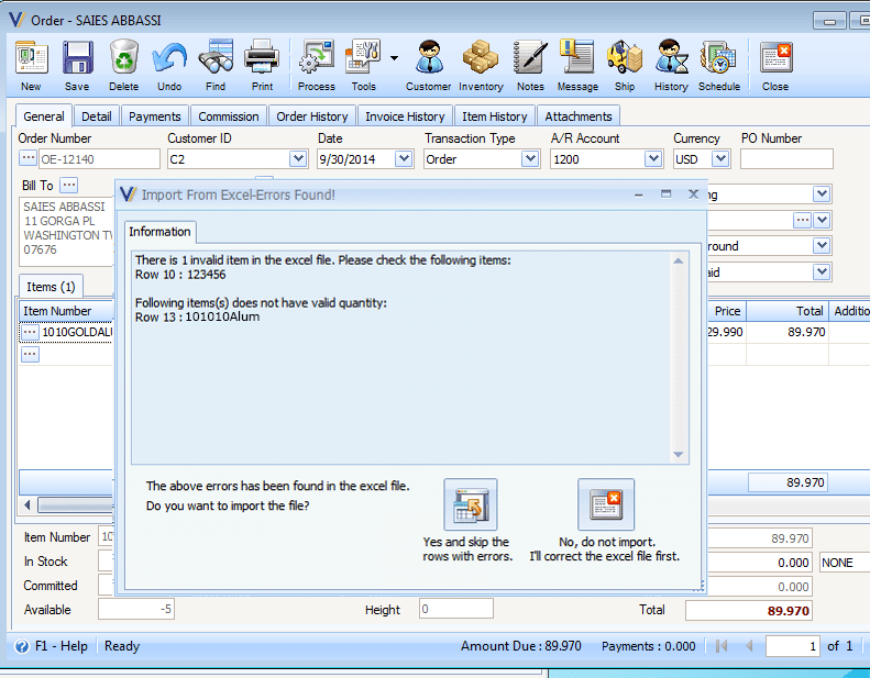 Import Order from Excel