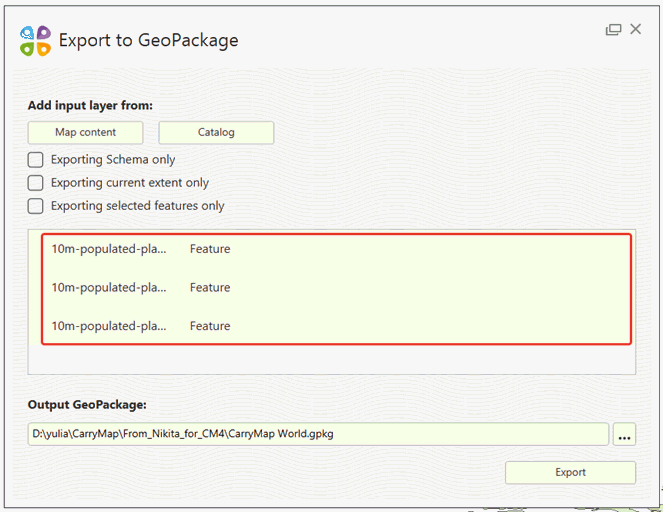 CarryMap Builder Help Exporting ArcGIS layers to geopackage file