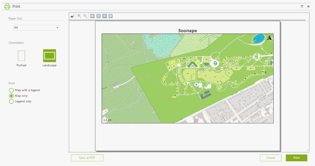 Printing map. Saving selected map area as PDF.