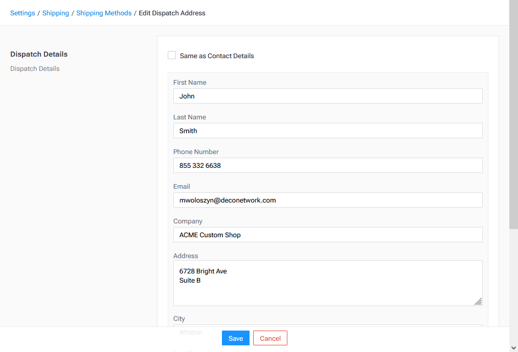Edit dispatch address used as the sender address for shipments