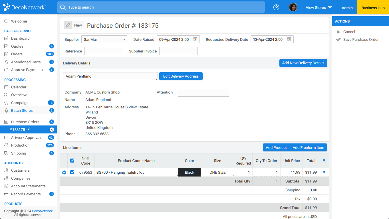 Raise purchase order within an order Help