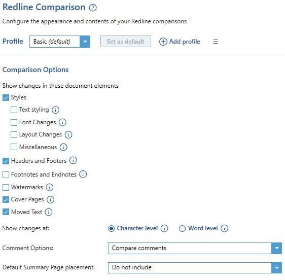 Redline comparison settings Draftable