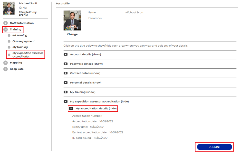 How do I print my assessor accreditation card? DofE