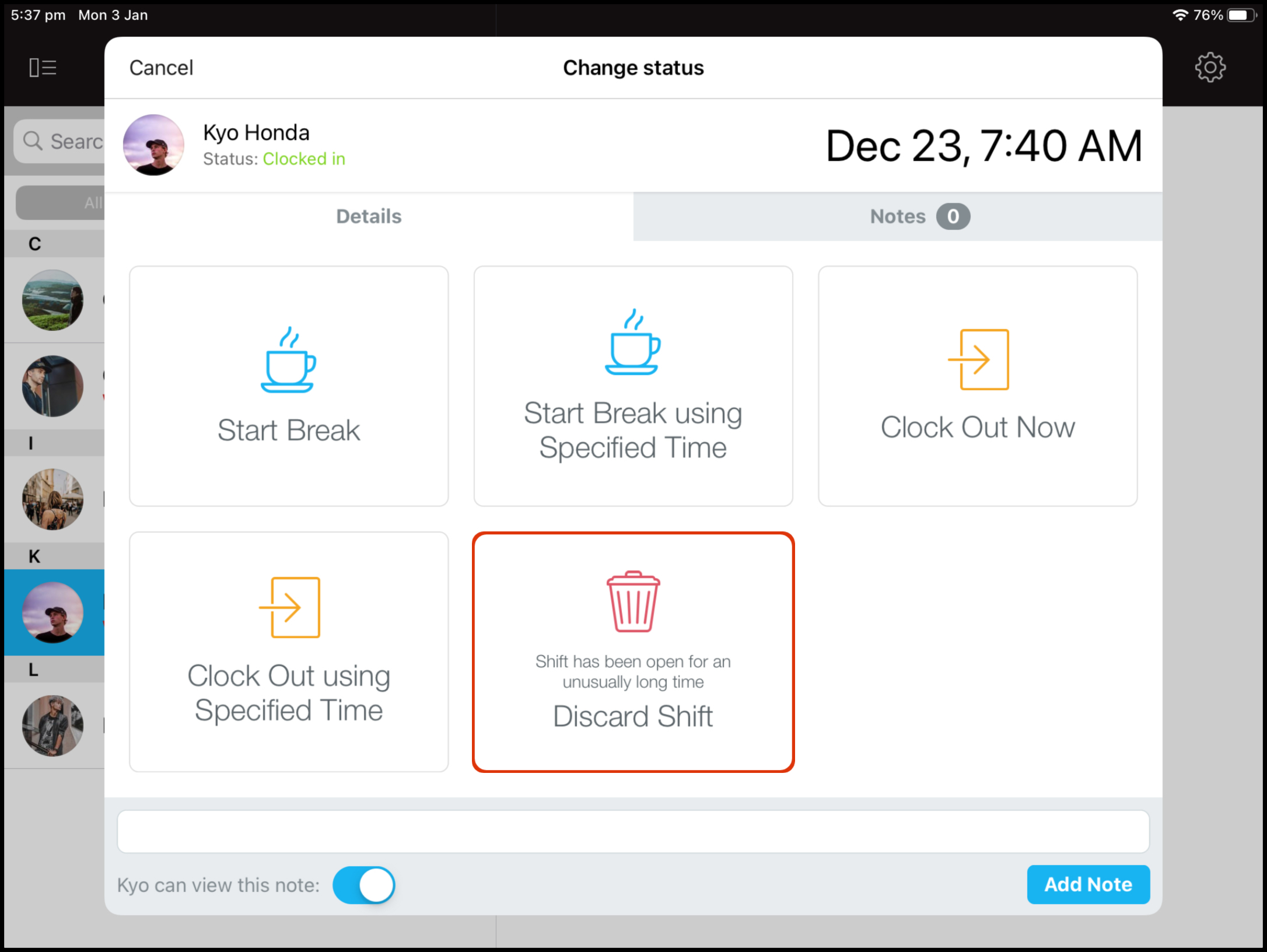 As an admin, how do I discard an employee shift Clock Me In FAQ