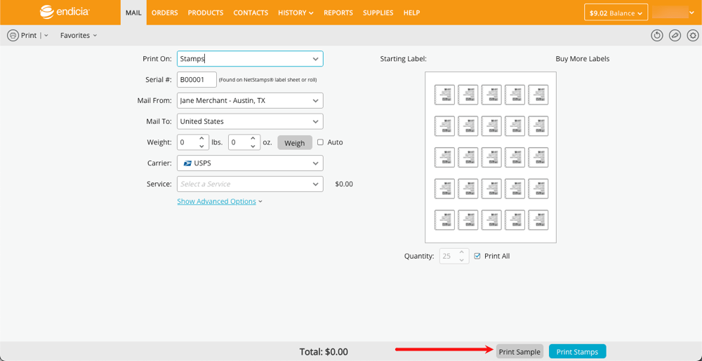 Print Sample NetStamps Sheet Endicia