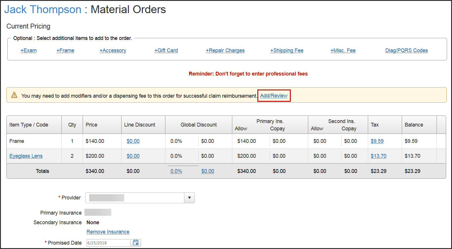 Adding Modifier Codes and Dispensing Fees to Orders During Pricing