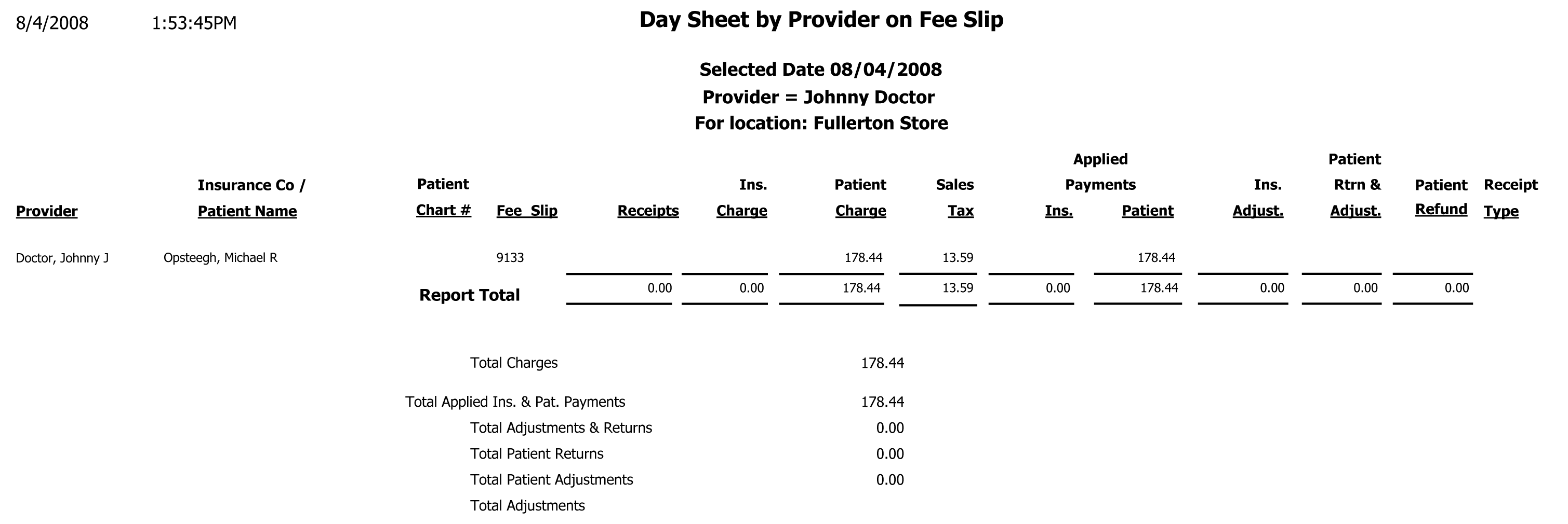 Day Sheet by Provider on Fee Slip