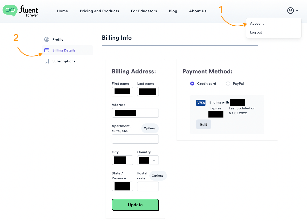 Where can I change my payment method and billing address? Fluent Forever