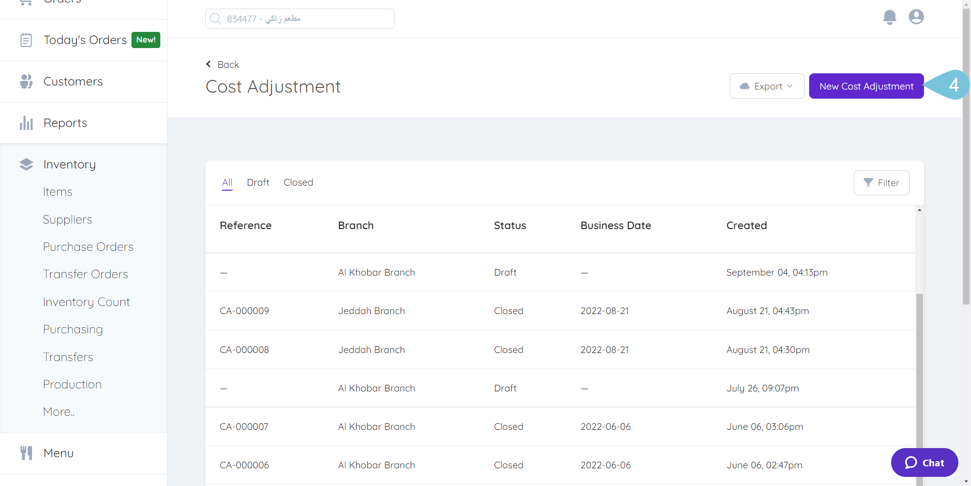 Creating Cost Adjustment Foodics Help Center