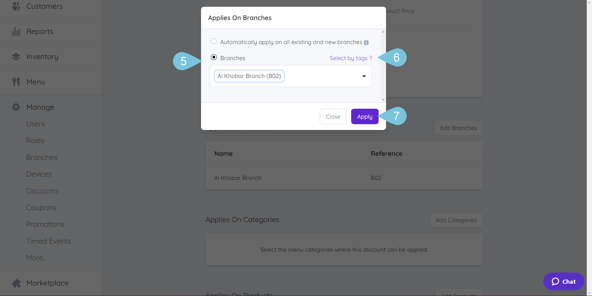 Applying Discounts for Certain Branches Foodics Help Center