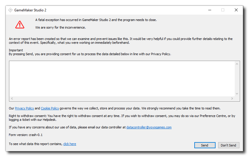 Submitting a Crash Report What Does This Contain GameMaker Help Centre