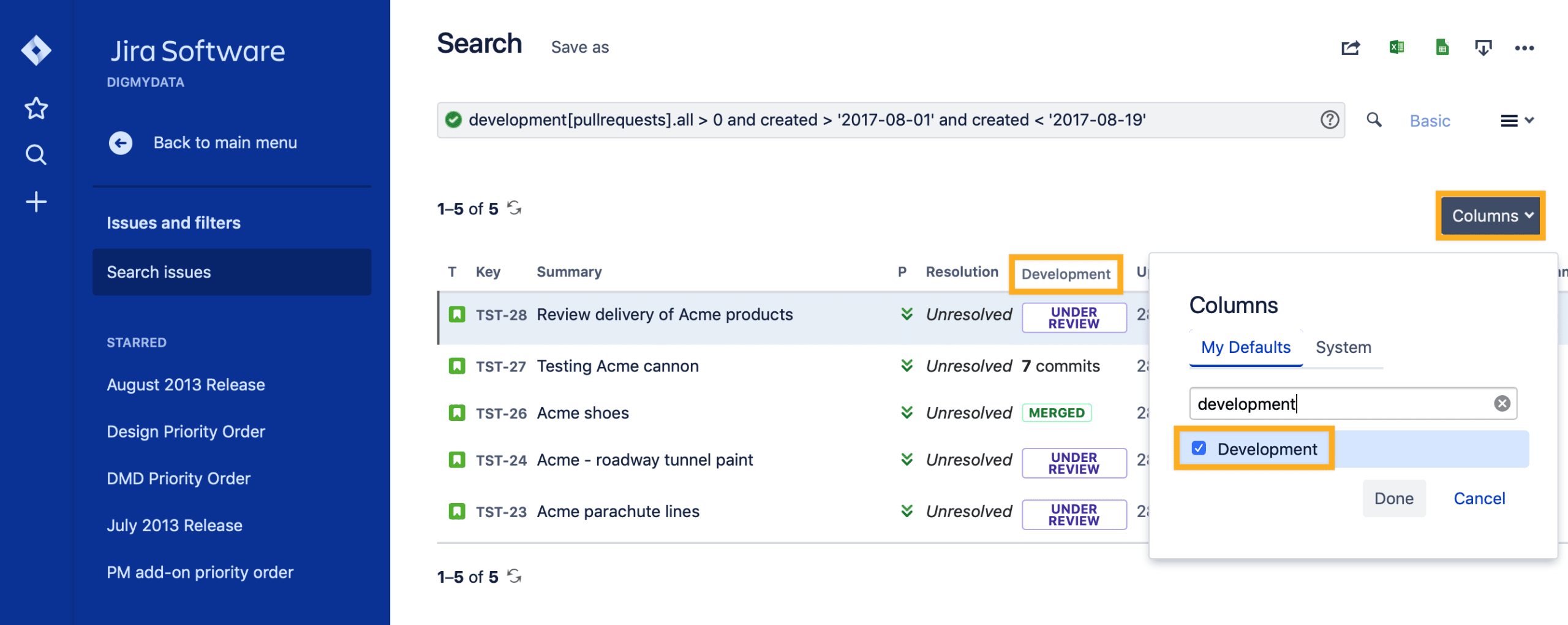 Development Status In Issue Searching Git Integration for Jira Cloud
