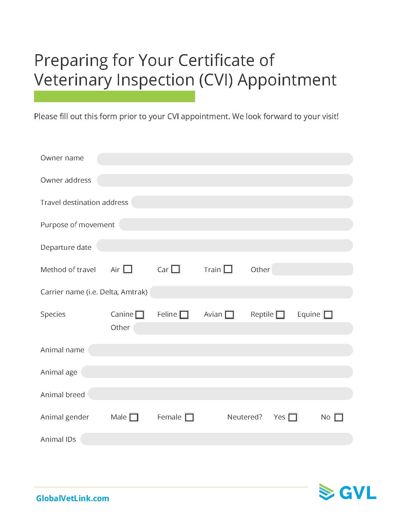 Certificate of Veterinary Inspection (CVI) Intake Form GlobalVetLink
