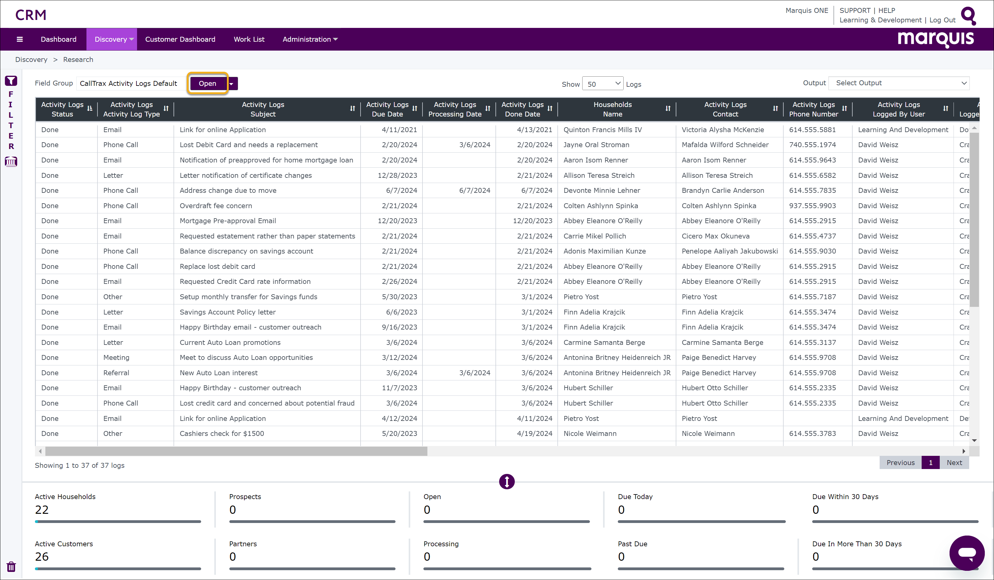 CRM Generate the Activity Log Report Output Marquis