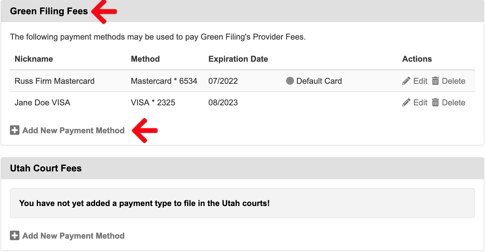 Manage credit cards and payment settings in the Utah State Court—Green Filing Help