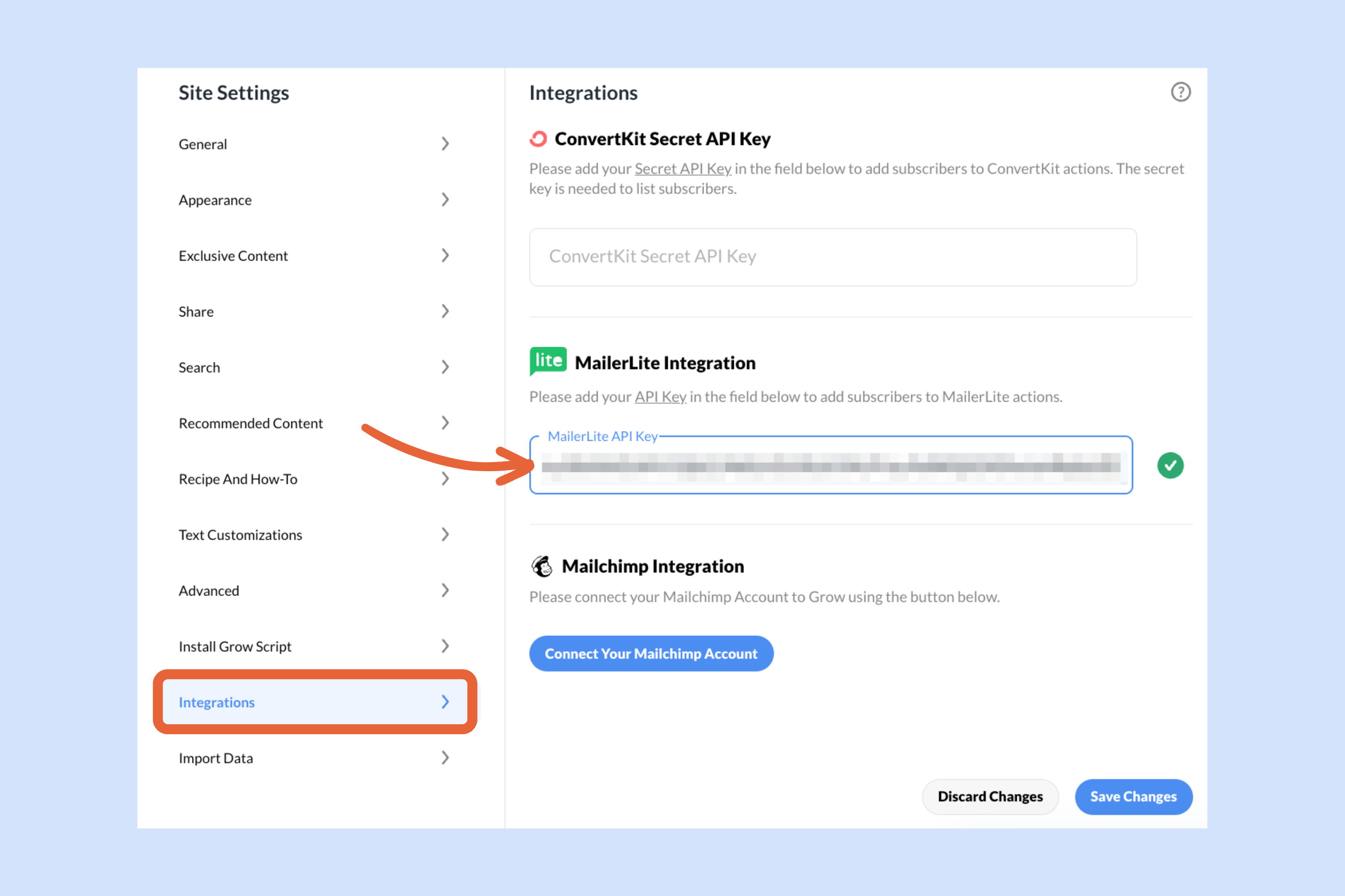 Where can I find my MailerLite API Key? Grow