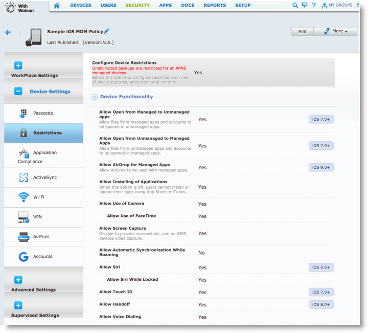 Managing Connections for iOS on managed devices