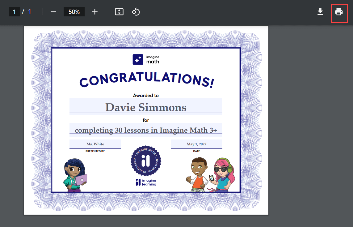 Printing THINK 30 certificates and achievement certificates in Imagine