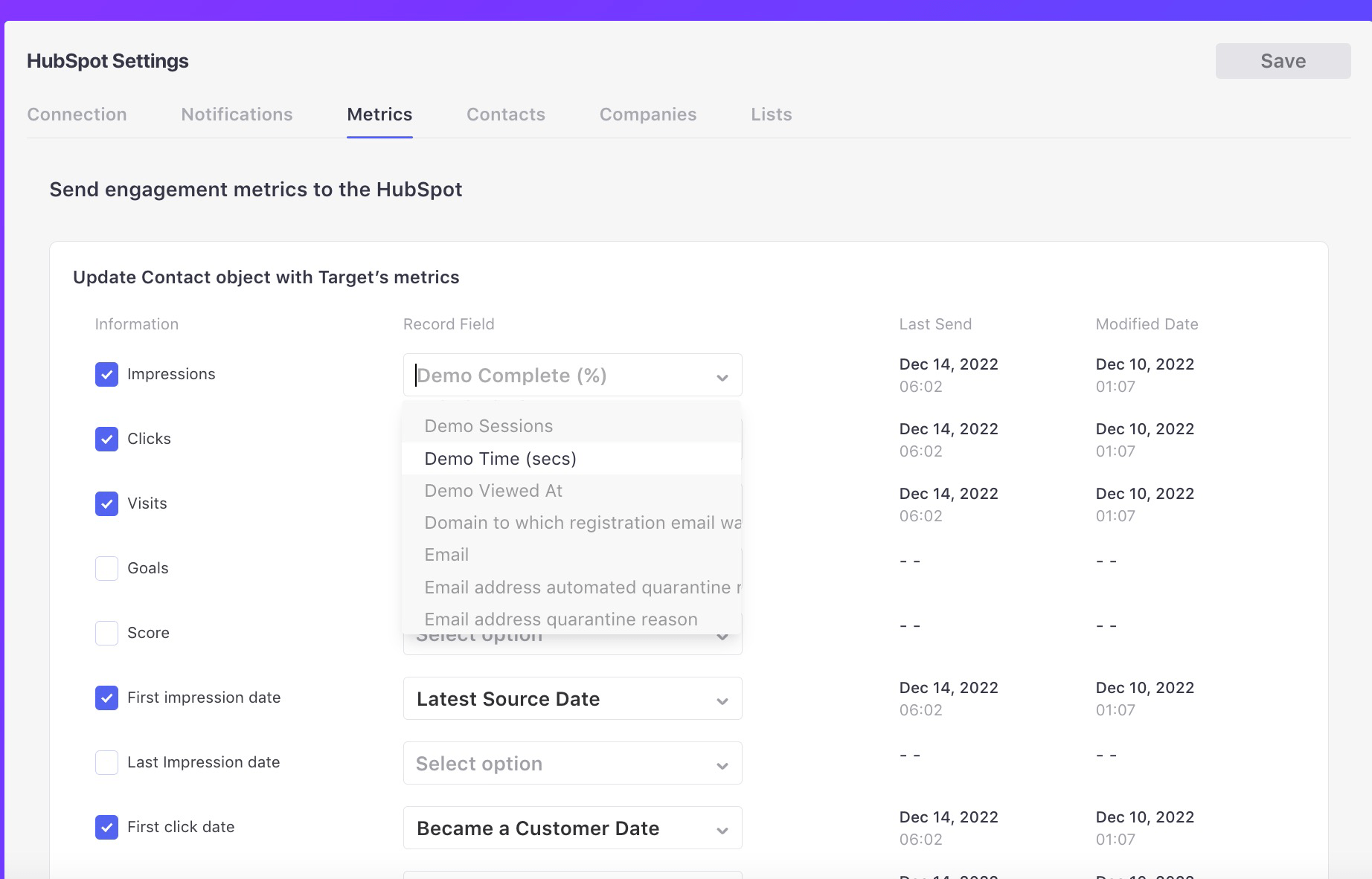 Why are some metrics greyed out when selecting metrics to sync between