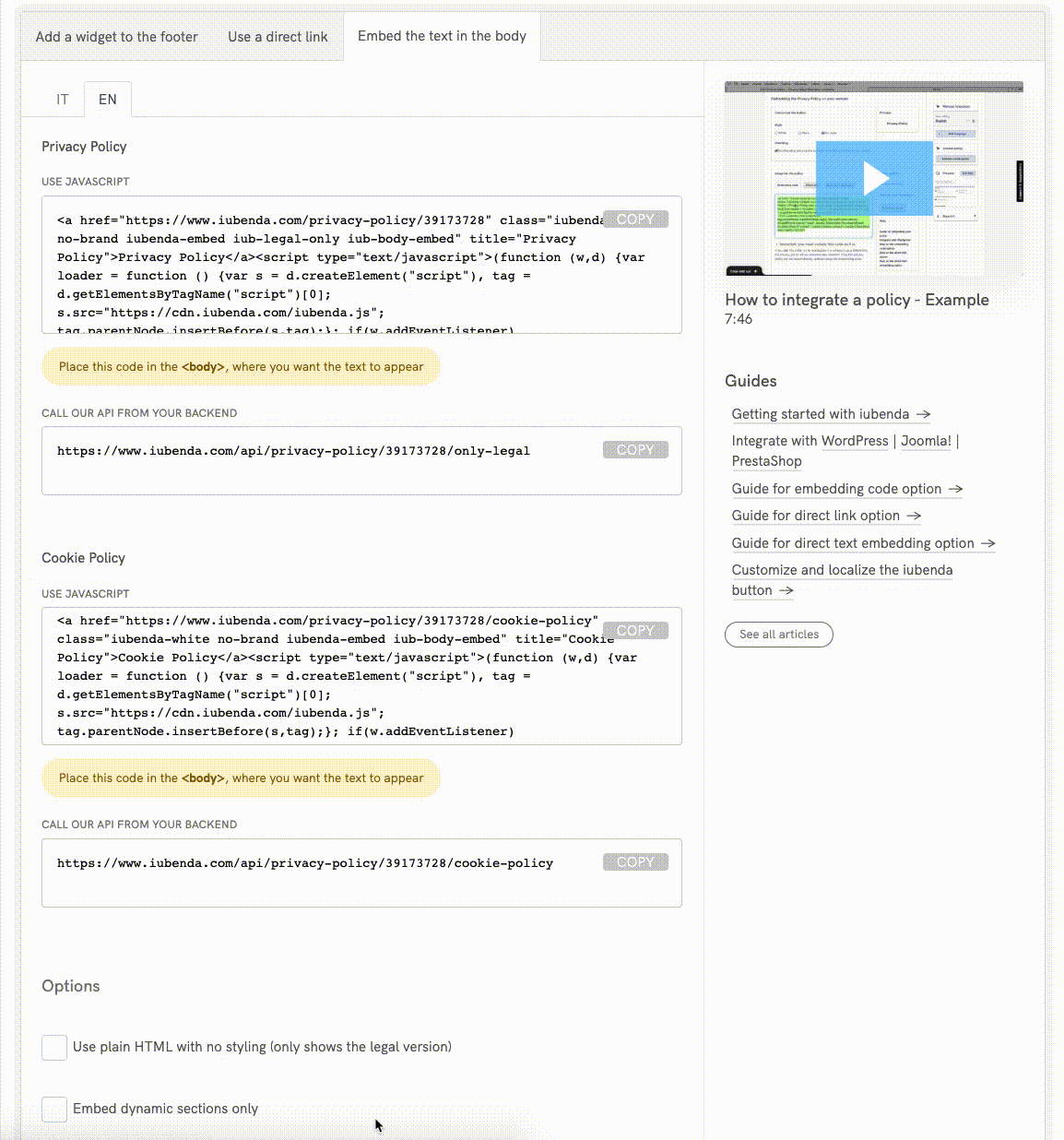 Adding iubenda's Privacy Policy to Your Site Direct Text Embedding and