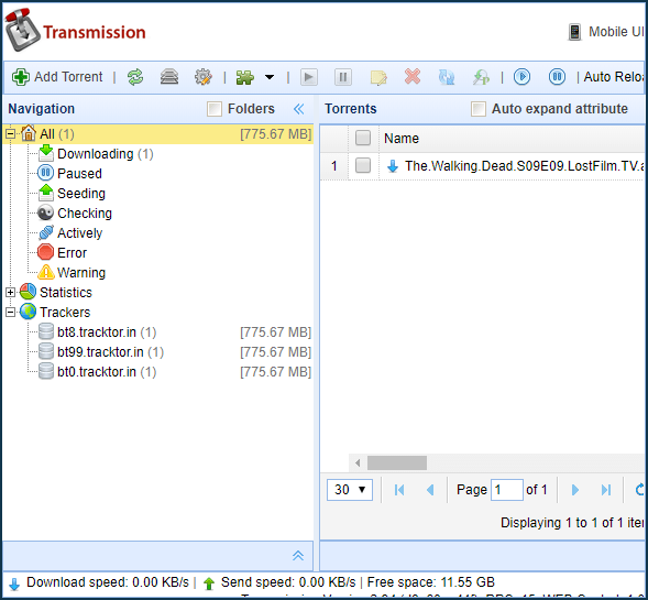 Transmission BitTorrent client interface
