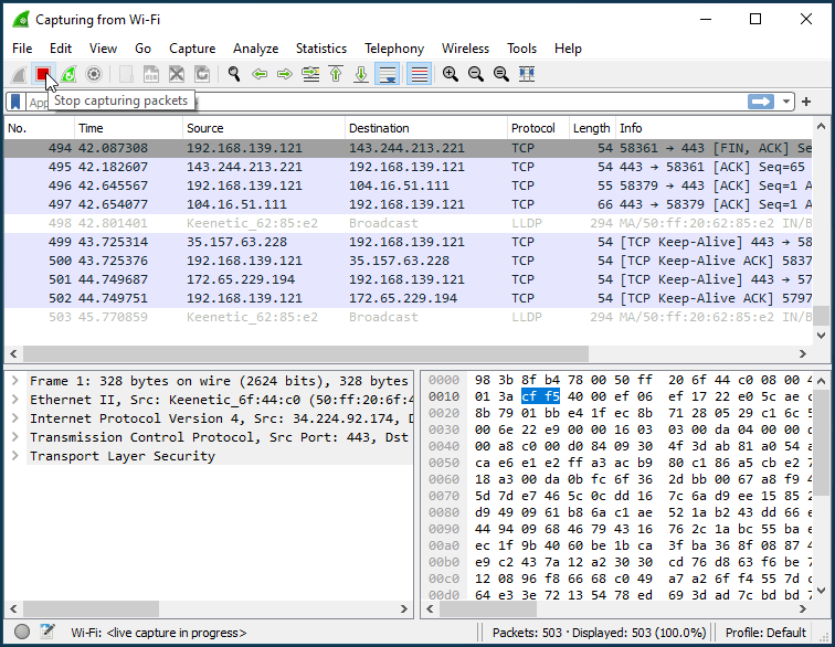 Capturing network packets with Wireshark