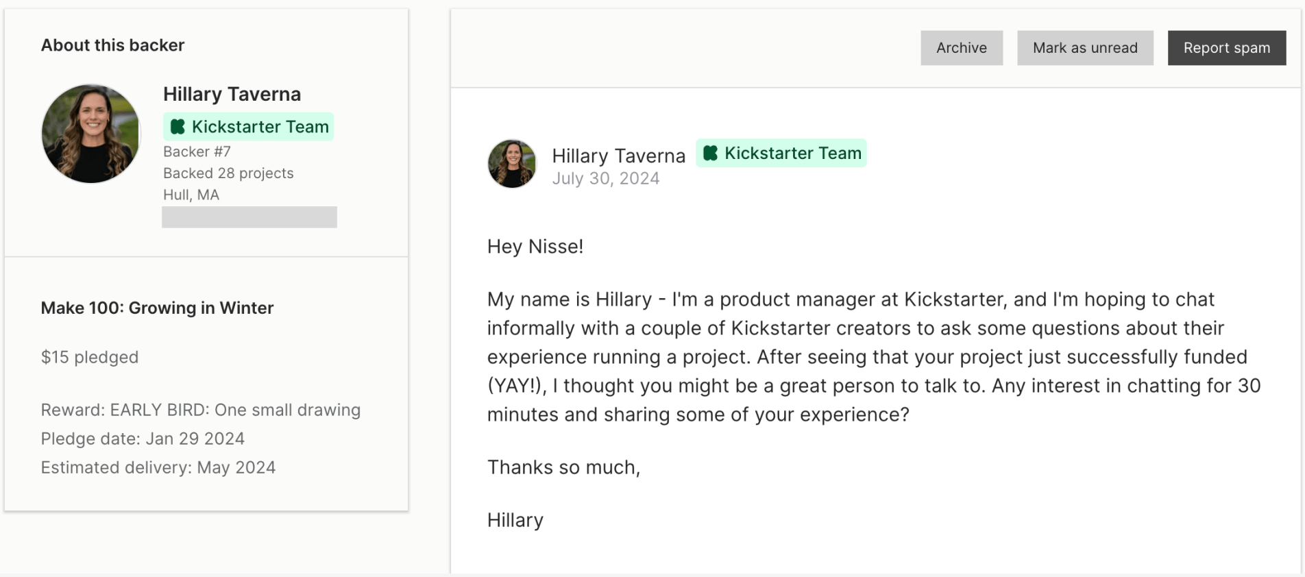 What does the Kickstarter Team badge in Messages mean? Kickstarter