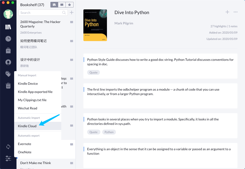 Import from Kindle Cloud Knotes