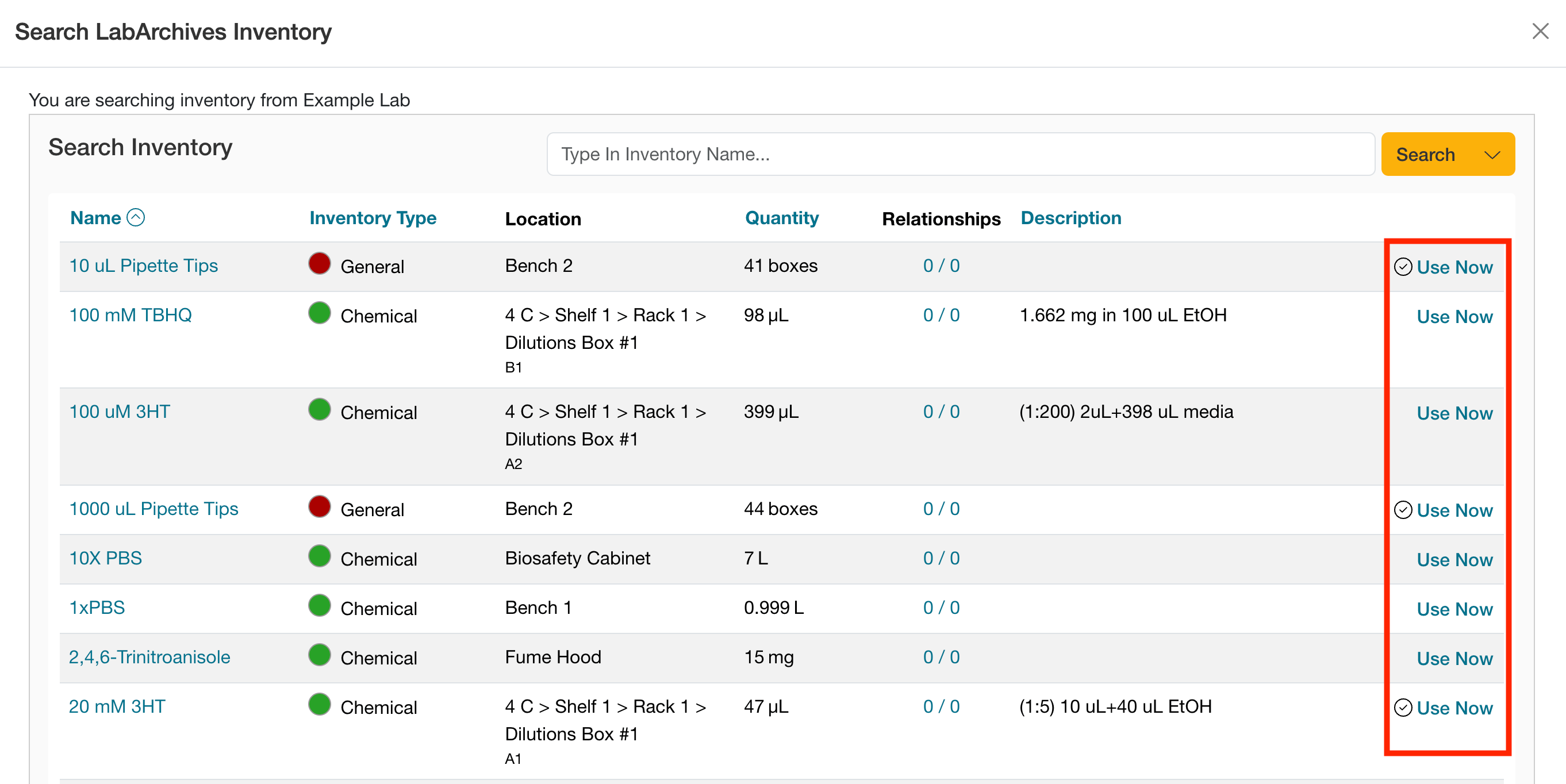 Inventory List LabArchives