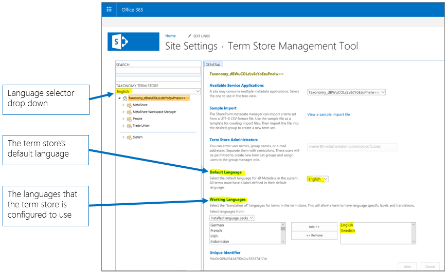 The term store’s language settings MetaShare Help