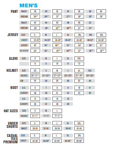 Oneal Mens Sizing Guide – MXstore Help