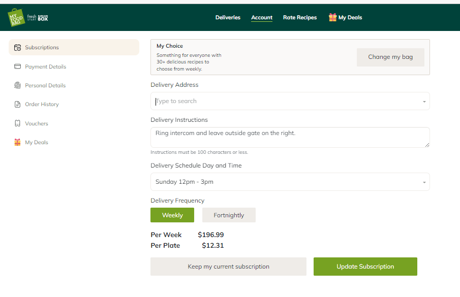 How do I edit my subscription on the website? My Food Bag