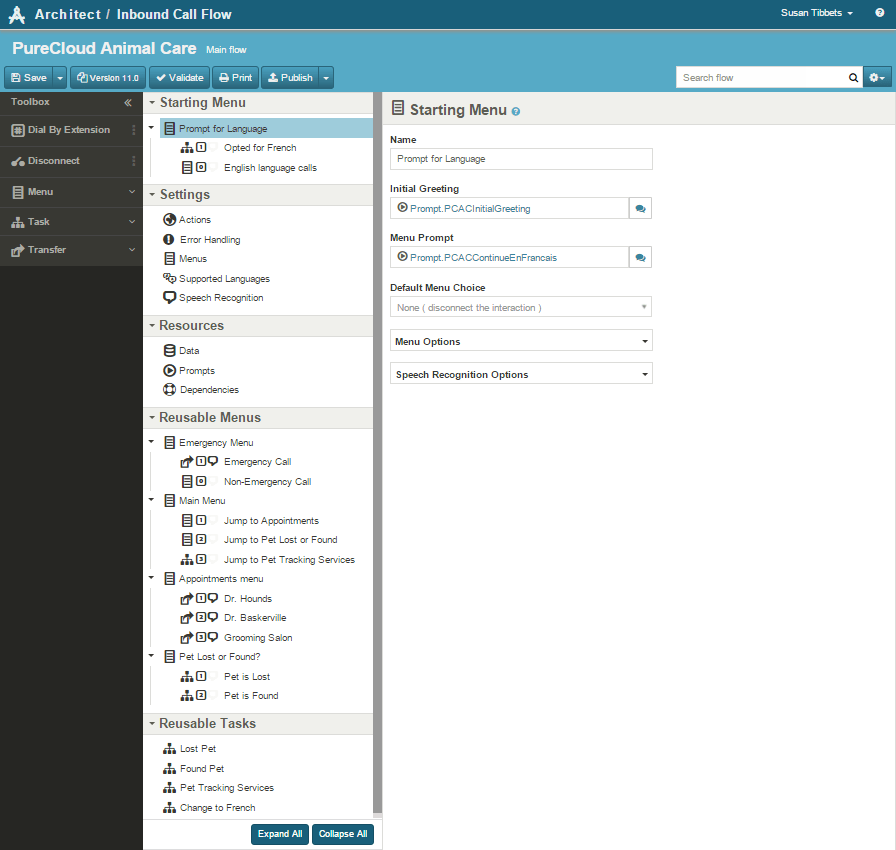 Lesson 8 Validate and publish the Genesys Cloud Animal Care call flow