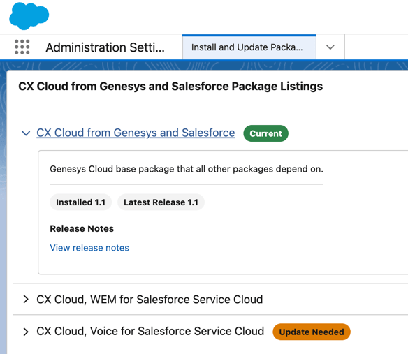 Update CX Cloud from Genesys and Salesforce packages Genesys Cloud