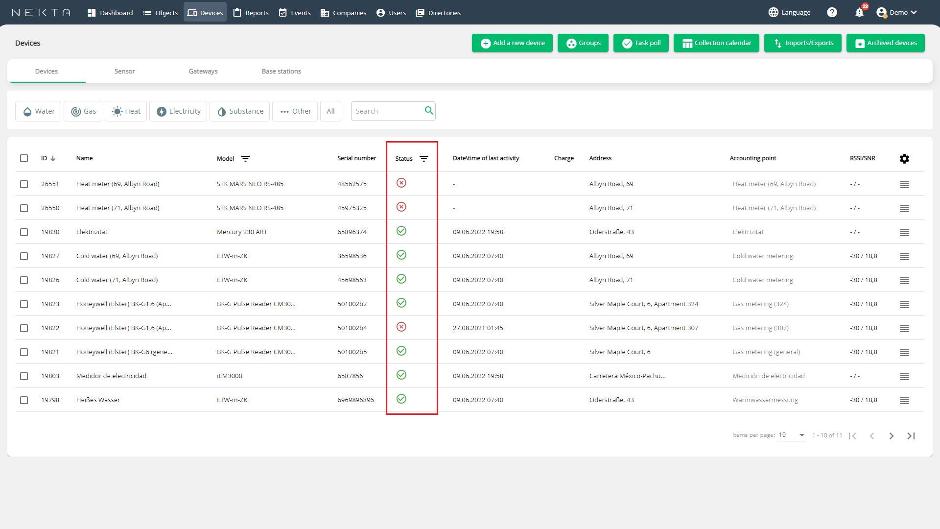 Device status and polling period Nekta knowledge