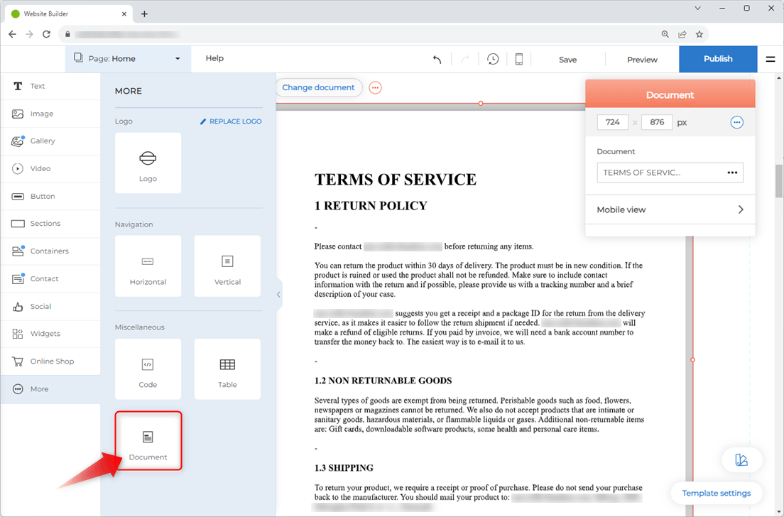 How can I embed a document in my site Builder site? Support